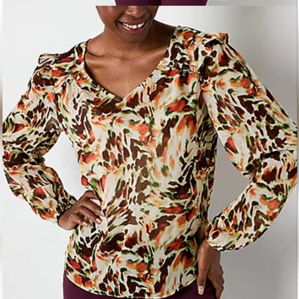 Brannan Long Sleeve V Neck Chiffon Print Blouse From JCP